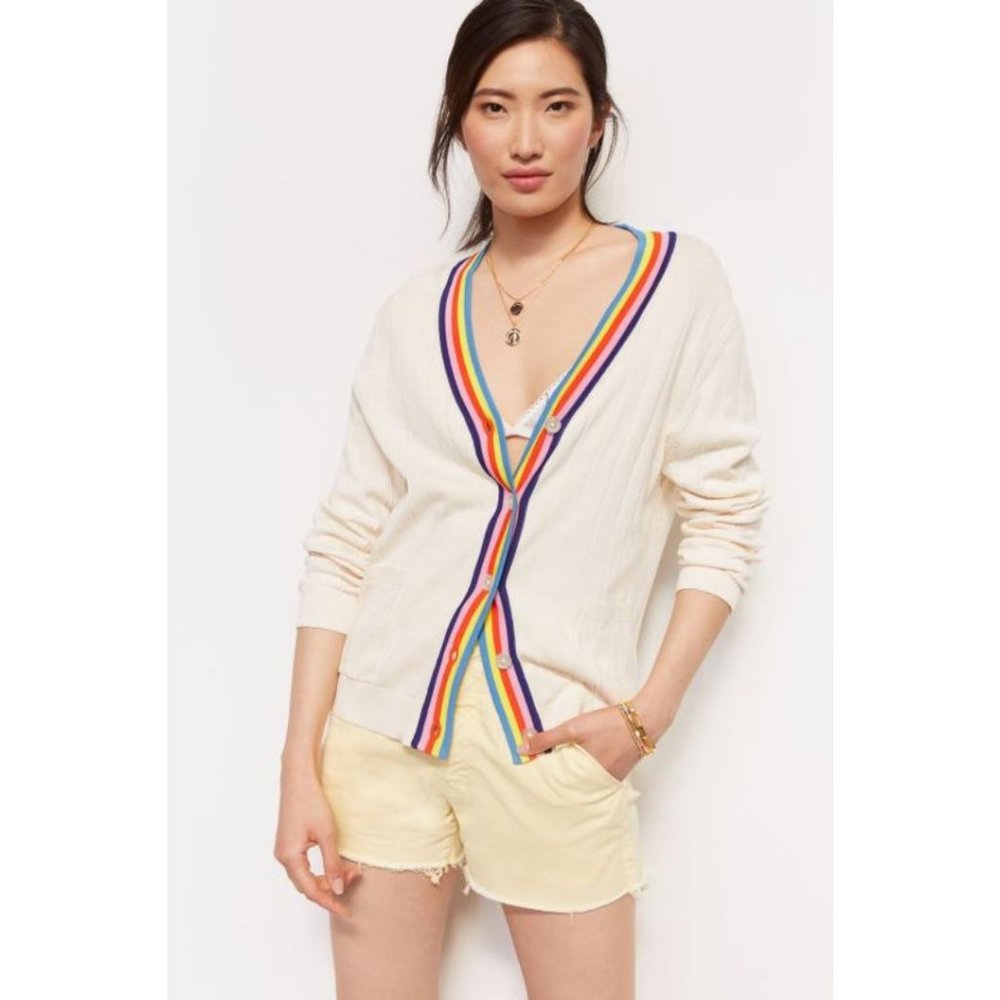 Kule Anthropologie Rainbow Contrast Cardigan Cream Multi Size Medium